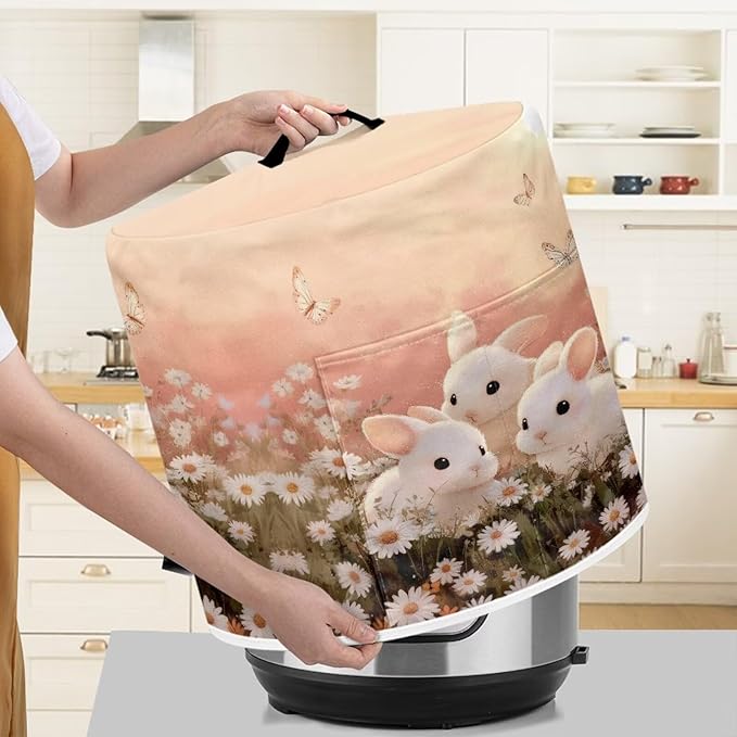 Xoenoiee Rabbit Butterfly Daisy Print Kitchen Appliance Dust Cover with Pockets, Electric Pressure Cooker Cover Compatible with Crock Pot for Easter Decor, Rice Cooker Covers, for 8 Qt
