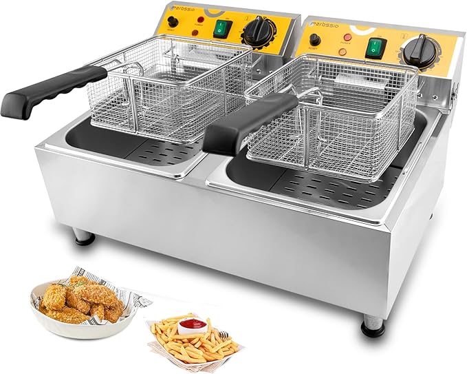 Dual Tank Deep Fryer 20L(21.1Qt) 3500 W Fast Heating, with Basket and Lid, 304SS Electric Large Deep Fryer for Home and Commercial, Countertop Deep Fryers
