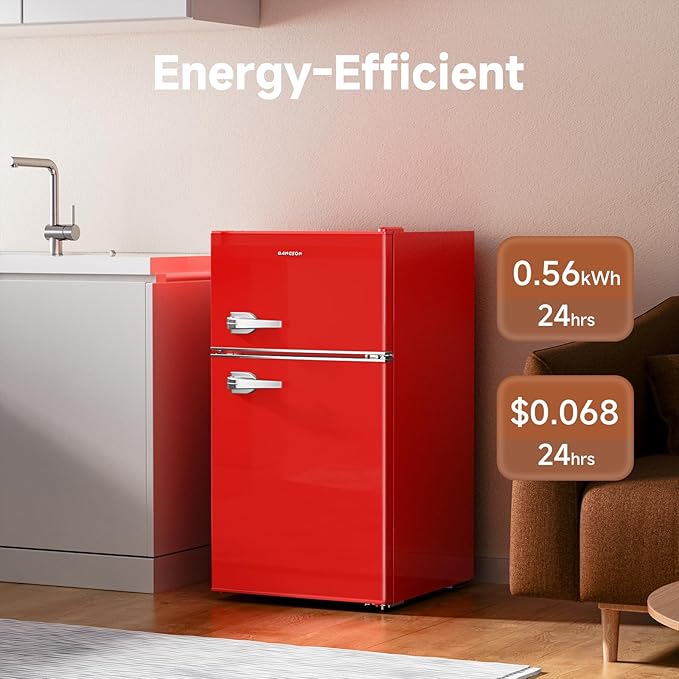 BANGSON Mini Fridge with Freezer, 3.2 CU.FT Small Refrigerator with Freezer, Door Handle, Bottle Opener, For Bedroom, Dorm, Office, Home, Garage or RV, R-600a, Red