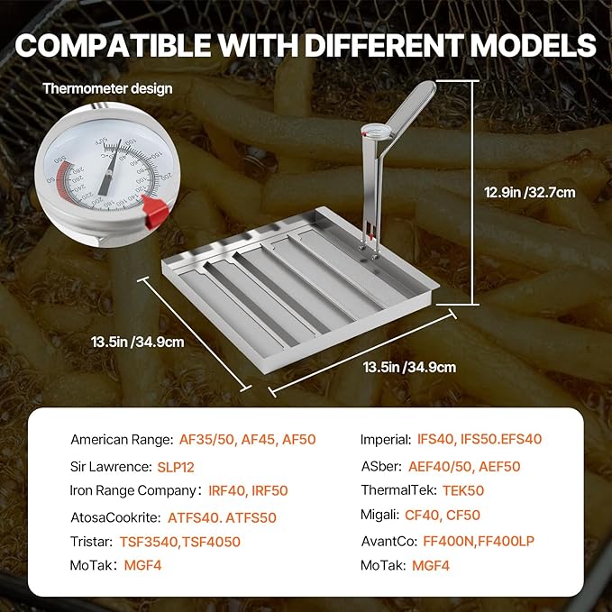 Commercial TK45 Deep Fryer Filter, 13.5" x 13.5" 304 Stainless Steel Filter Screen with Thermometer, Extend Oil Life by 40%, 550 Micron Skimmer Fryer Strainer for Kitchens & Restaurants