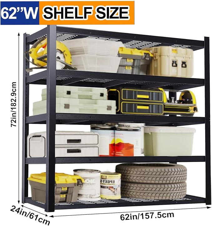 Heavy Duty Storage Shelves 24" D x 62" W x 72" H, 3050 lbs Metal Shelving Rack, Garage Storage Shelf, Estantes de Almacenamiento, Black Basement Shelving Unit, Adjustable Garage Rack