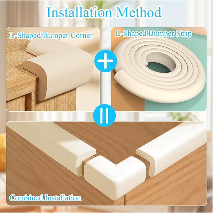 Baby Proofing Edge & Corner Protectors, White Foam L-Shape Self-Adhesive Bumper Strip + 4Corner Guards, Wall & Furniture Safety Bumpers for Nursery, Kitchen, Fireplace, Table, Desk