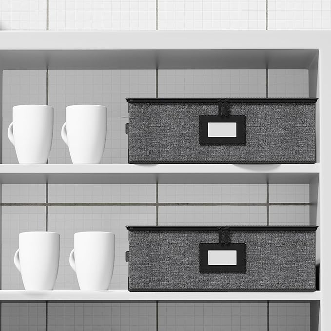 Aokeyee 2-Pack Mug & Cup Storage Box, Hard Shell Storage Container - Holds 24 Coffee Mugs, Teacups & Glasses, Stackable with Lid, Handles, Zippers & Label Slot, for Moving & Protection, Grey