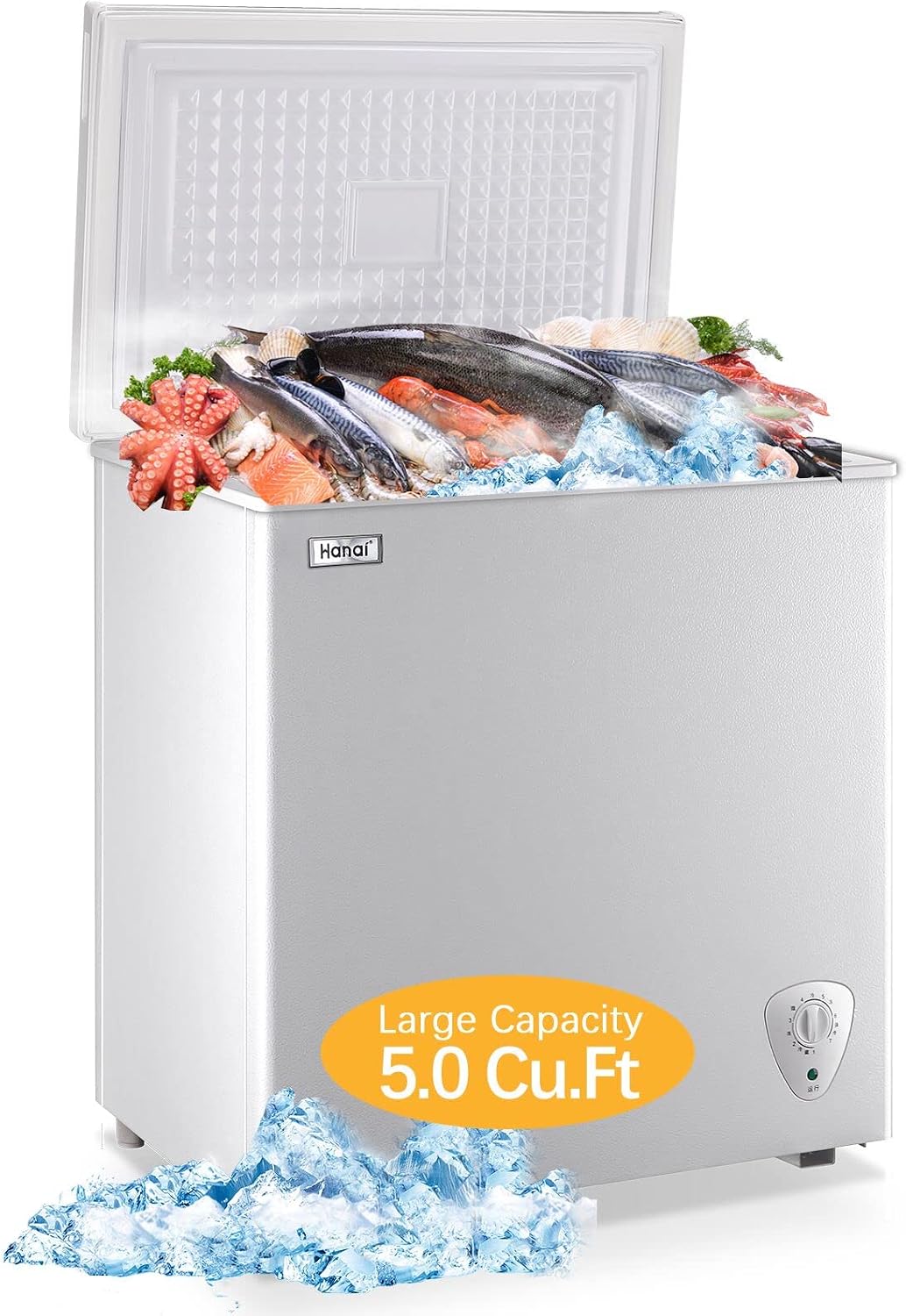 Chest Freezer Compact Deep Freezer WANAI 5.0 Cu.Ft for Garage Adjustable Temperature 7 Thermostat and Energy Saving Removable Basket for Garage Basement Dorm Apartment Kitchen Business