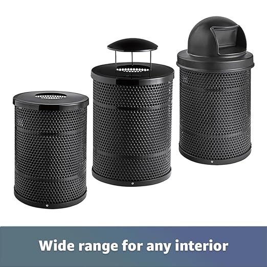 32 Gallon Perforated Trash Can with Rain Bonnet Lid, Steel Outdoor Heavy-Duty Commercial Waste Bin, Round Recycle Container, Durable Garbage Can for Parks, Municipalities, Schools, Parking