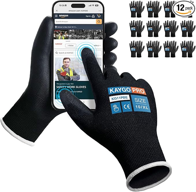 KAYGO Safety Work Gloves PU Coated for Men and Women, 12 Pairs KG11PB, Seamless Knit Glove with Two Fingers Touchscreen, breathable and lightweight Ideal for General Duty Work (XL,Black)