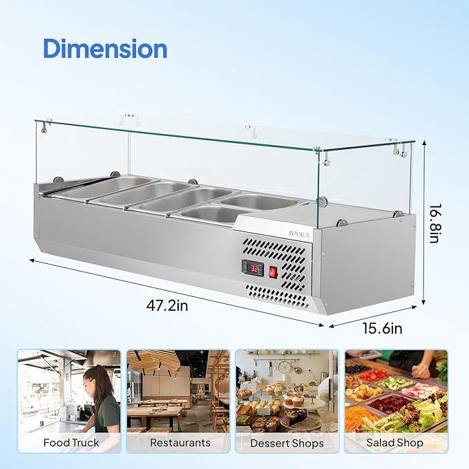 ROVSUN 47" Refrigerated Condiment Prep Station Sandwich Prep Table ETL NSF, 25.1QT Salad Bar Prep Rail w/Auto Defrost Temp Control Glass Shield 3 1/3 Pan & 2 1/4 Pan for Restaurant Food Truck