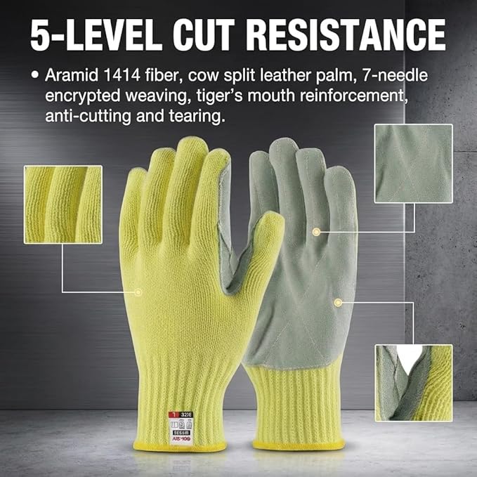Heat Cut Resistant Gloves,Aramid leather Oven Gloves with Fingers,Heat Resistant Up to 550°F, Thick Knit Design- Grill Mitts for Men & Women(Aramid leather, Medium)