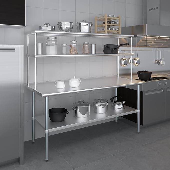 Amgood Stainless Steel Work Table Double Tier Overshelf | 30" x 72" Work Table + 18" Overshelf