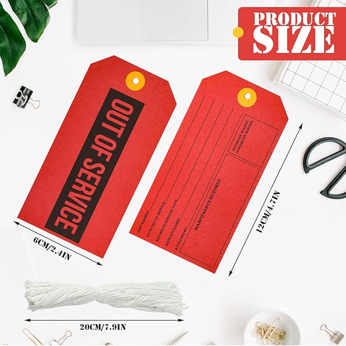 Out of Service Tags, Red Tags, Maintenance Required Label with Cotton String, 8 Inch Tag(200 Pack)