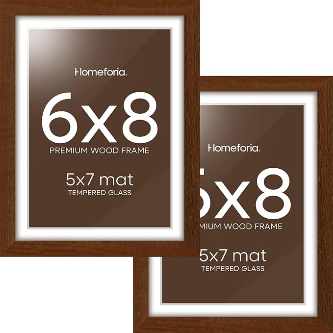 Homeforia 6x8 Picture Frame Brown Wood, High End Dark Oak 6x8 Walnut Wooden Frames with Mat 5x7 Photo, 6 x 8 Frame Matted to 5 x 7 Print, 8x6 Wall or Tabletop Frame, Tempered Glass, Wall Kit, Set of 2