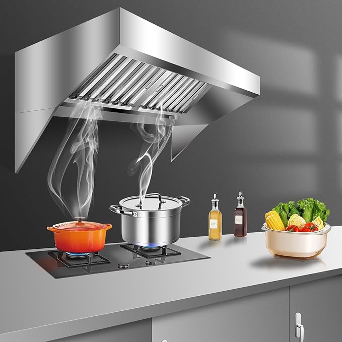 5FT Commercial Kitchen Exhaust Hood, Wall Mount Stainless Steel Vent Hood with 2 Detachable u-Shaped Filters, Rust-Resistant Food Truck & Restaurant Range Hood for Concession Trailer Cooking Station