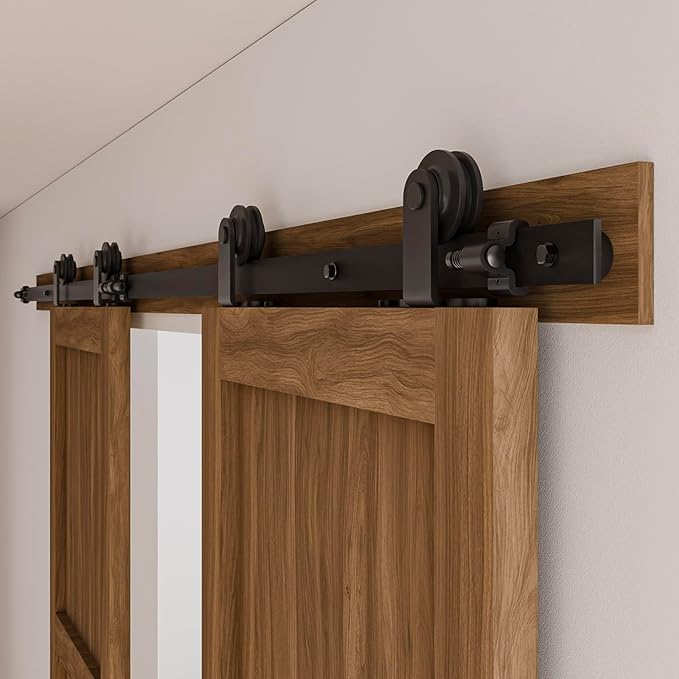 CCJH 19FT Sliding Barn Door Hardware Kit, Heavy Duty, Smoothly and Silently, Easy to Install, Fit 57" Width Double Door Panel, T-Shaped Style Black