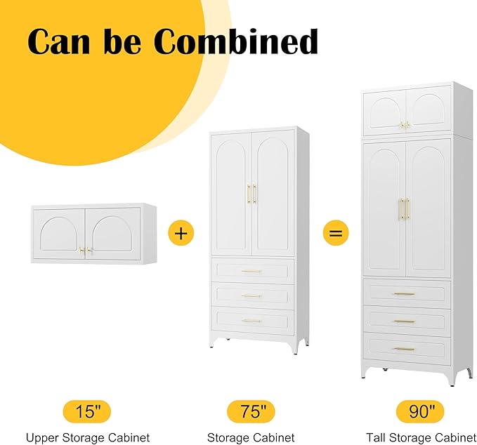 Kitchen Pantry Cabinet，90" Storage Cabinets with Doors and Shelves,Metal Pantry Cabinet with 3 Drawers,White Kitchen Cupboard for Livingroom,Pantry, Bathroom