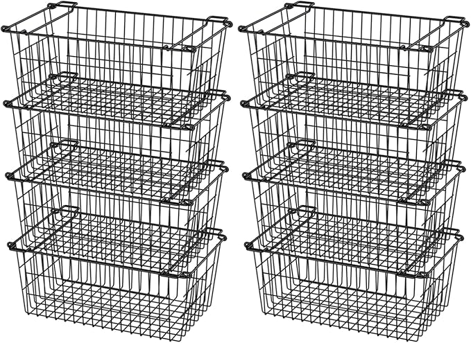 SANNO Freezer Basket Stackable Wire Baskets For Pantry Storage and Organization Pantry Storage Bins With Handles Sturdy Metal Food Baskets Pantry Organized,set of 8,Black
