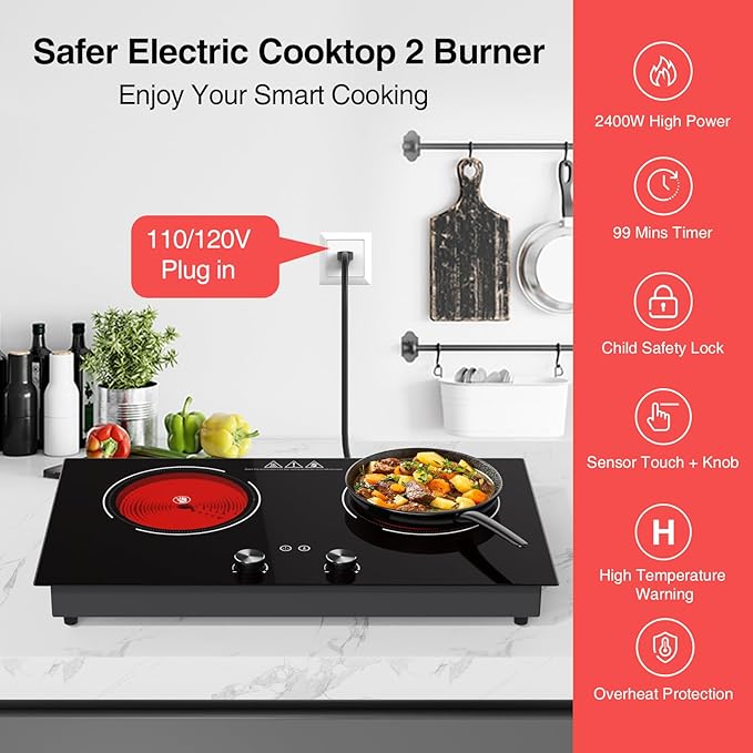 2400W Electric Cooktop: 24" Electric Stove 2 Burner Hot Plate Double Burner Cooktop, GTKZW Knob Control Countertop & Built-in, 9 Power Levels, Child Lock, Timer, Suitable for all Pans