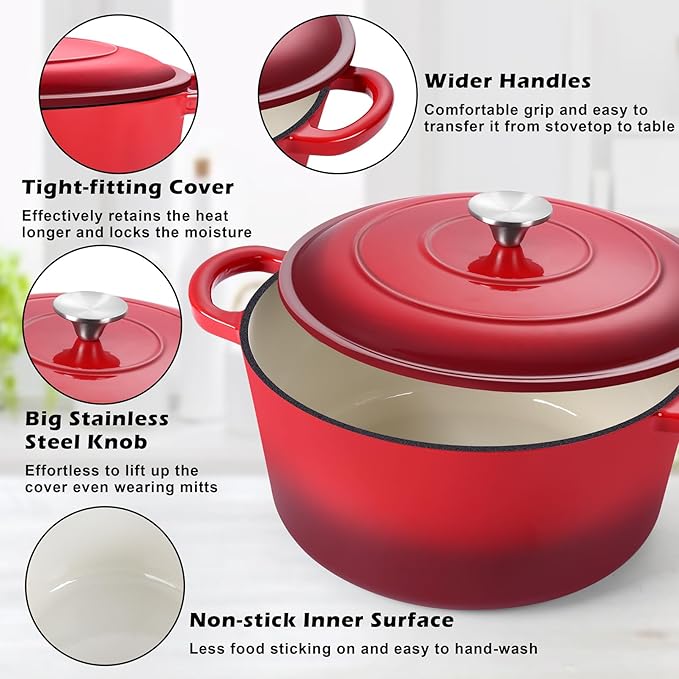 TeamFar Enameled Cast Iron Dutch Oven, 7qt Dutch Oven Pot Nonstick Cookware with Lid & Dual Handles for Bread Baking, Cooking, Oven Safe up to 500℉ & Various Stovetops, Healthy & Heavy Duty - Red