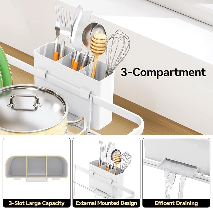TOOLF Large Dish Drying Rack for Kitchen Counter,Kitchen Dish Racks with Drainboard,Sink Dish Strainer Rack,Countertop Dish Drainer Rack with Cup & Utensil Holders,White