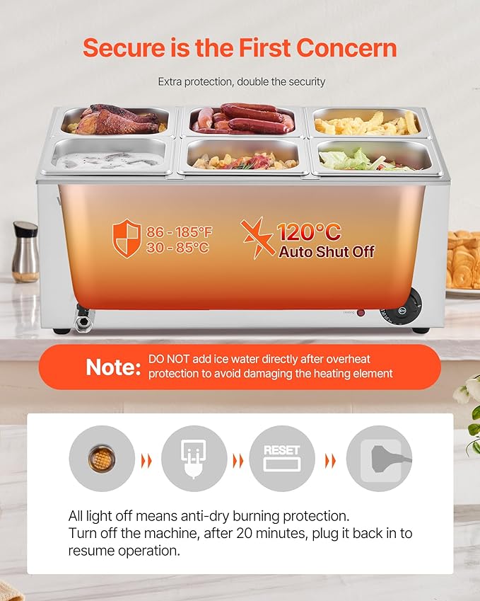 VEVOR 6-Pan Commercial Food Warmer, 24QT Electric Steam Table, 1200W Professional Countertop Stainless Steel Buffet Bain Marie with 86-185°F Temp Control for Catering and Restaurants, Silver