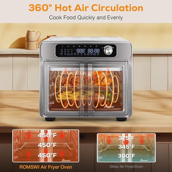 Romswi 26QT French Door Air Fryer Toaster Oven Combo, 24 Cooking Functions and Digital Controls, Fits 12" Pizza, 6 Slices of Toast, Rotisserie 6lb Chicken, 6 Accessories Included