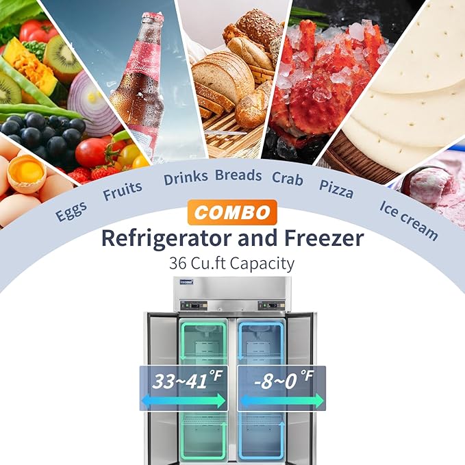 ICECASA 48" W Commercial Refrigerators and Freezer Combo Reach-in 36 Cu.ft 2 Solid Door Stainless Steel Refrigerators and Freezer Combo Fan Cooling for Restuarant, Bar, Shop, etc