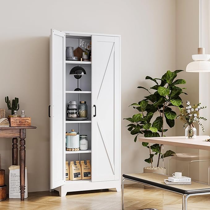 White Tall Farmhouse Metal Pantry Linen Storage Cabinet and Organizers - Cupboard 75" H x31.5 W x15.7 D Rustic Hutch Cabinet Bookcase with Doors and Adjustable Shelves for Home Office