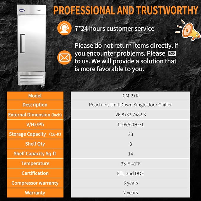 27" W Commercial Refrigerator Single Door 23 Cu.ft Commercial Fridge Fan cooling Stainless Steel Reach-in Refrigerator with Digital Thermostat for Restaurant, Bar, Commercial Use, etc