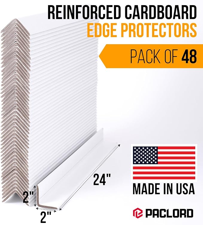 24" x 2" x 2" Reinforced Cardboard Edge Protectors, White (Pack of 48) – 0.225" Thick Extra Heavy-Duty Cardboard Corner Protectors – American Quality V-Board Pallet Edge Protectors