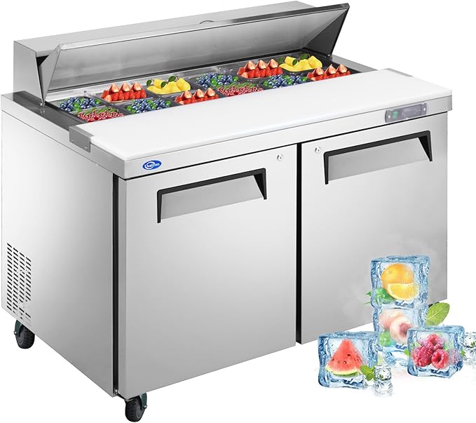 60" W 2 Door Refrigerator Sandwich Salad Prep Table Commercial Stainless Steel Fan Cooling Refrigerator with Cutting Board, 2 Shelves & 16 Pans for Restaurant, Bar, Shop-16.4 Cu.ft