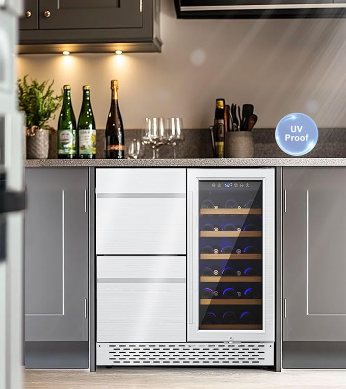 30'' Outdoor Wine and Beverage Refrigerator 80 Cooler, 2 Drawer Dual Zone Wine Fridge with Intelligent Control Advanced Compressor Under Counter Freestanding for Patio Bar Cabinet