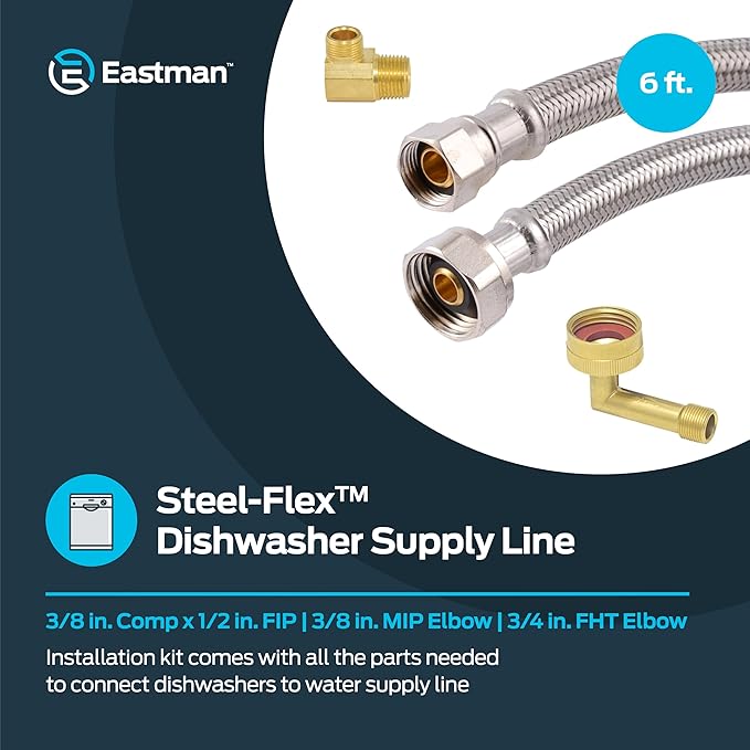 Eastman Dishwasher Installation Kit, 6 Foot Supply Line, 3/8 Inch Compression x 1/2 Inch FIP, 3/8 Inch MIP Elbow, Braided Stainless Steel Dishwasher Connectors, 41032