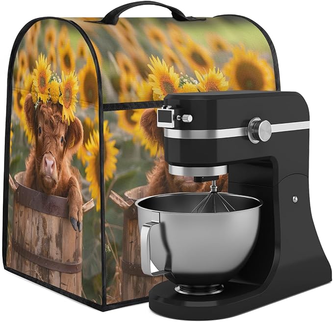 Kitchen Aid Mixer Cover Sunflowers Cute Highland Cow Stand Mixer Cover Compatible with 6-8 Quarts Stand Mixers, Dust Covers with Zipper Pocket Foldable Washable Kitchen Aid Organizer Bag