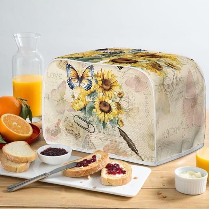 Vintage Butterfly Sunflower 2 Slice Toaster Cover - Bread Machine Dust Cover Protection, Stain Resistant with Handle Keep Clean