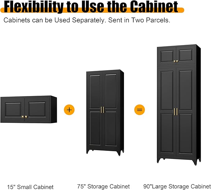 Kitchen Pantry Storage Cabinets, 90" Tall Metal Storage Cabinet with Doors and 4 Shelves, Black Pantry Cabinet, Utility Kitchen Cupboard, Large Steel Cabinets for Dining Room, Office, Living Room