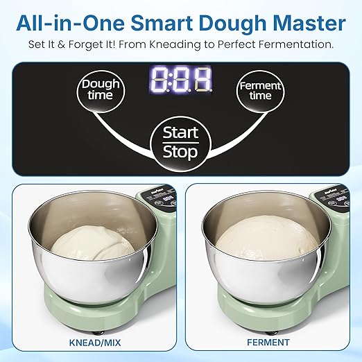 5.3 QT Electric Dough Mixer Maker, Fermenting and Kneading Flour Mixer Machine with Stainless Steel Bowl & Time Control, Green Stand Mixer for Baking Bread Cake Pizza & Sourdough