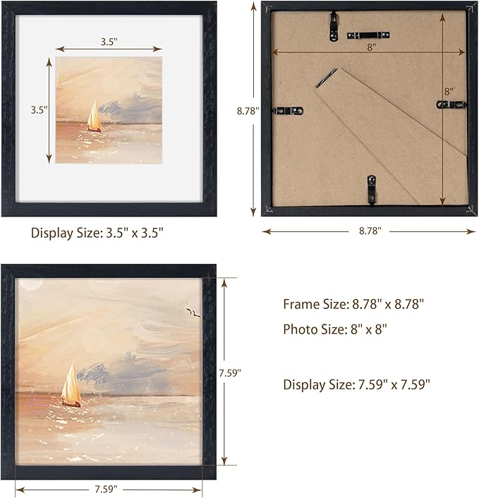 8x8 Picture Frames Black Set of 3, Solid Oak Wood 8”x8” Picture Frame Matted to 4”x4”,Square 8 x 8 Natural Wood Frame with Tempered Real Glass, Rustic 8x8 Photo Frame for Wall & Tabletop Display