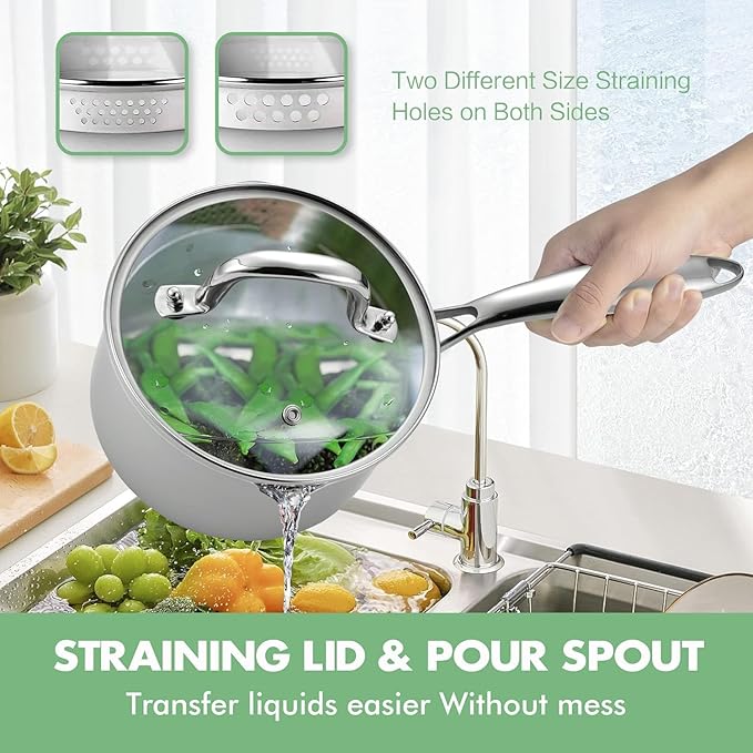 Tri-Ply Stainless Steel Sauce Pan with Steamer Basket & Strainer Glass Lid–Multi- Function Pot 2 QT- Modern Sleek Design–Safe,Chemical-Free & Stylish Cookware–Upgrade Your Kitchen with Healthy Cooking