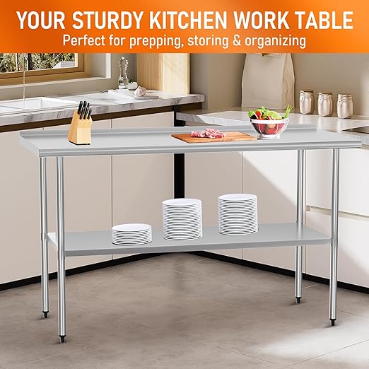 HOCCOT Stainless Steel Table 24" x 60" with Adjustable Undershelf and Backsplash, Commercial Metal Workstations for Kitchen, Garage, Outdoor BBQ