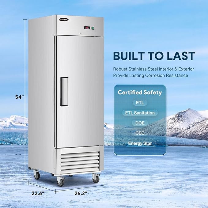 27 Inch Upright Commercial Refrigerator, Stainless Steel Single Door, 23 Cu.Ft, 3 Adjustable Shelves, Digital Temperature Control, NSF/ETL Certified, with Casters for Restaurant, Bar, Kitchen