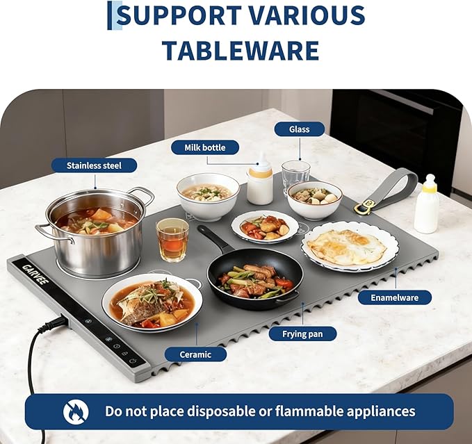 Garvee 3rd Gen Upgraded Food Warming Mat, AB Dual Zone Independent Heating, 24" x15" Electric Warming Tray with 6 Temp Levels & 1-3H Timer, Portable Food Warmer for Parties Buffet, Easy to Clean, Grey