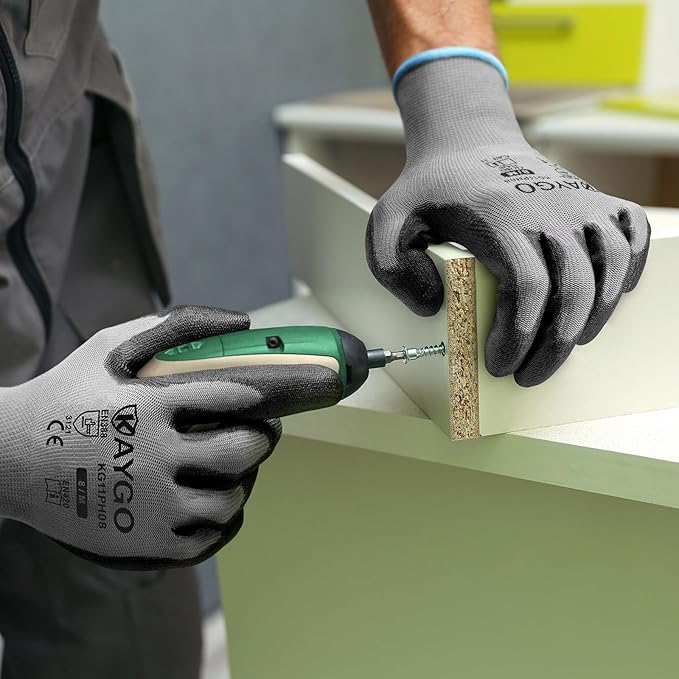 KAYGO Safety Work Gloves PU Coated, 60 Pairs KG11PB, Seamless Knit Glove with Polyurethane Coated Smooth Grip on Palm & Fingers, for Men and Women (X-Large, Gray)