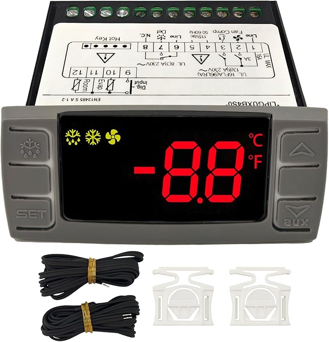 Replacement for Dixell XR06CX-4AAGILS Thermostat Temperature Controller, Programmable Digital Thermostat with Sensor Probe 120V 50-60hz Fit for Freezer/Refrigerator