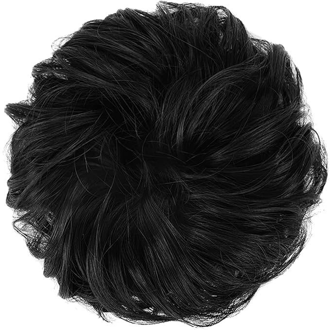 FESHFEN Large Messy Bun Hair Piece - Wavy Synthetic Chignon Scrunchies Elastic Ponytail Hair Extensions Thick Hairpieces for Women, Off Black 1.94oz