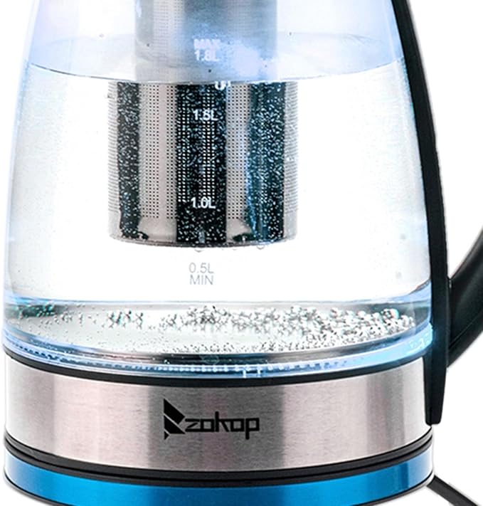 Electric Kettle, 1.8L Glass Teapot with Removable Tea Infuser - No Plastic Contact, 7-Color LED Light & Mesh Filter, 1200W Fast Boiling for Tea, Coffee, Hot Cereal (110V, Black)