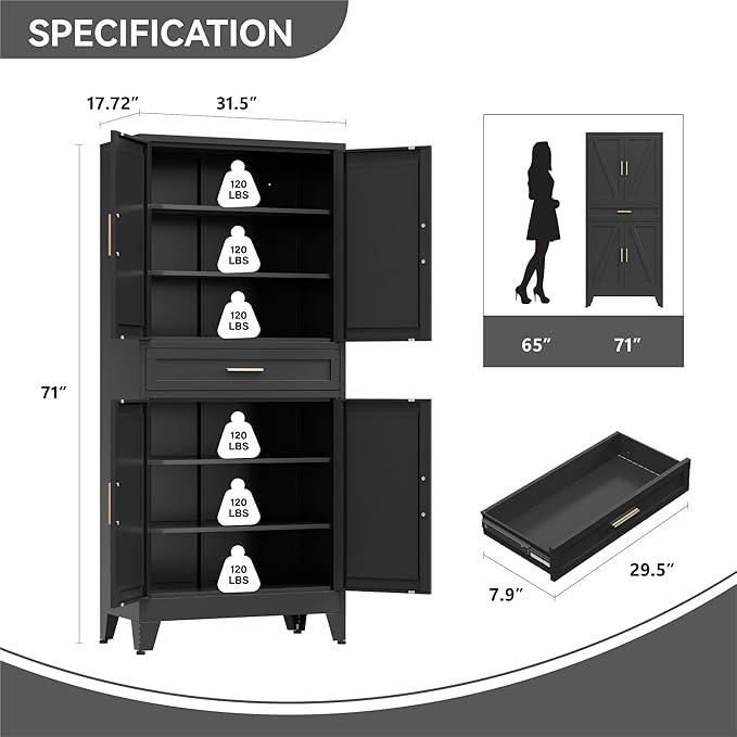 Metal Storage Cabinet with Drawer, 71" Tall Storage Cabinets with Adjustable Shelves,Black Farmhouse Freestanding Kitchen Pantry Cabinet for Dining Room, Living Room