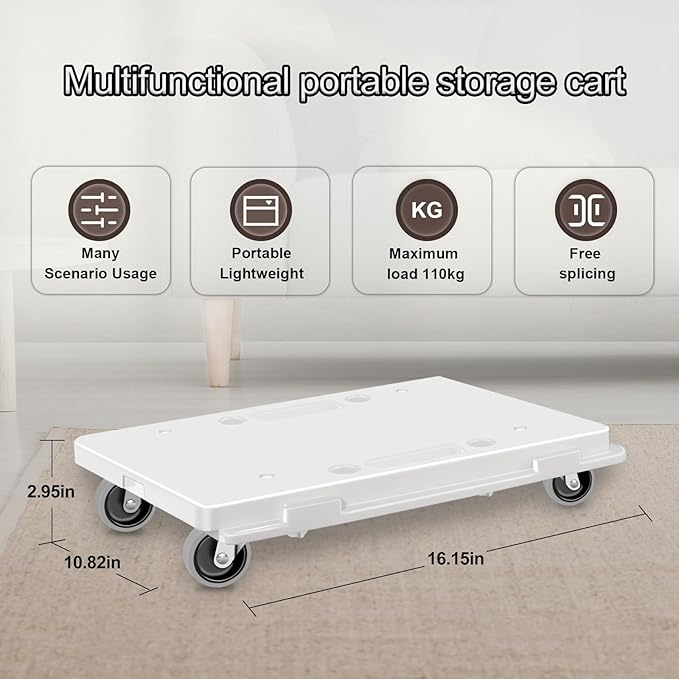 Furniture Dolly,Moving Dolly 4 Wheels Heavy Duty,16in-11in 500lbs Capacity,Furniture Movers Dollys with Wheels,4 Wheels Small Flat Dolly Cart, 2 Pack, White