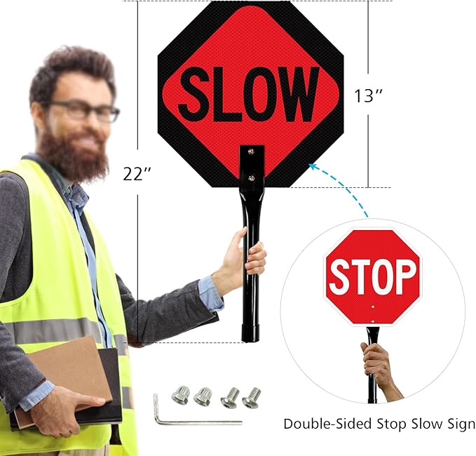 GicnKeuz Stop Slow Sign with Metal Handle, 13x13 inches Double Sided Slow/Stop sign, Traffic Reflective Aluminum Sign, Fade Resistant/Waterproof, Easy to Mount (1 Pack)