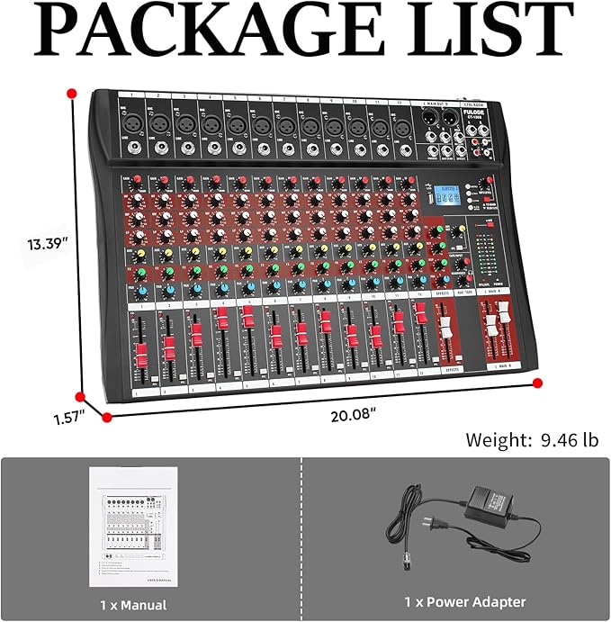 12 Channel Mixer Audio Console, CT-120S Professional Music Mixer DJ Mixing Board with Reverb Bluetooth MP3 Player 48V Phantom Power Supply USB Recording for Studio Karaoke Live Performance