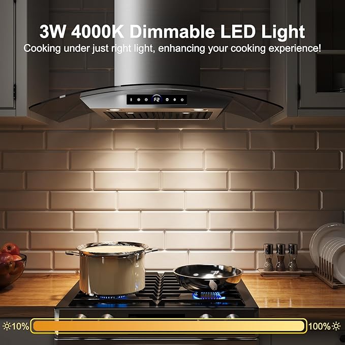 36 inch Range Hood Wall Mount, 1200 CFM with 4-Speed Gesture Sensing & Touch Control, Stainless Steel Ducted Kitchen Stove Vent Hoods with 2 LED Lights, Time Setting, Dishwasher-Safe Baffle Filters