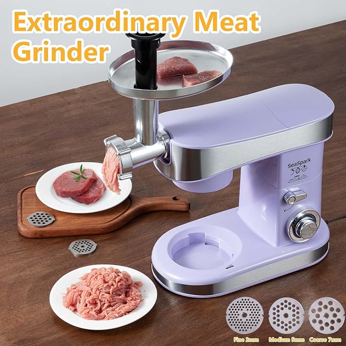 Multifunctional Stand Mixer, 6 in 1 Stand Mixer, 6.3Qt Tilt-head, Standing Mixer with Stainless Steel Bowl, Meat Grinder, Juice Blender, for professional Baking and Most Home Cooks, Purple